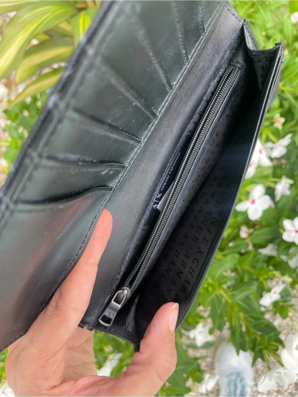 A|X Armani Exchange Black White Monogram Logo Men’s Bifold Cash Checkbook Wallet